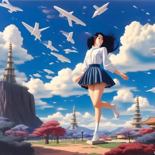 Prompt: Takeo Takei, Joe Jusko, Surreal, mysterious, strange, fantastical, fantasy, Sci-fi, Japanese anime, beautiful high school girl in a miniskirt who gets lost in a huge diorama, perfect voluminous body, SL train model, robot model, departure on the SL, blue sky, clouds, detailed masterpiece