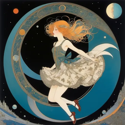 Prompt: Harry Clarke, Michael Parkes, Kenji Tsututa, Joseph Keppler, Elizabeth Shippen Green, Surrealism, wonder, strange, fantastical, fantasy, Sci-fi, Japanese anime, geometry of the projective plane, or the little planet of August.A beautiful high school girl in a miniskirt rides a gravitational wave to school, perfect voluminous body, detailed masterpiece 