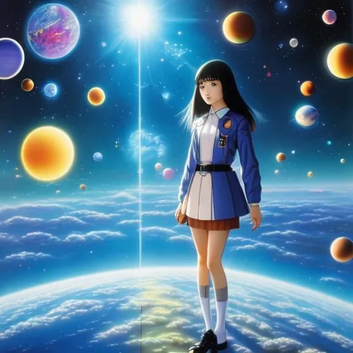 Prompt: Naoyuki Kato, Angus McKie, Surreal, mysterious, strange, fantastical, fantasy, Sci-fi, Japanese anime. The heavenly world and the earthly world operate according to the same laws. Time and space are not the same for everyone. Entering a microscopic world. Gravity created by space and time. Beautiful girl in a miniskirt High school student runs through time, perfect voluminous body, detailed masterpiece 