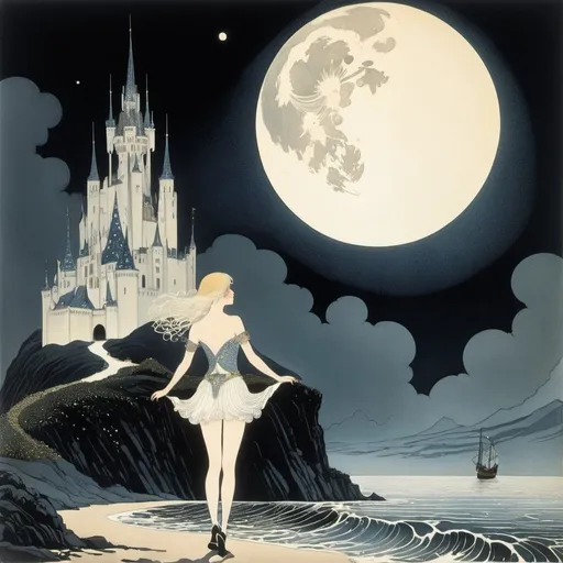 Prompt: Kay Nielsen, Jessie Gillespie, Surreal, mysterious, bizarre, fantastical, fantasy, Sci-fi, Japanese anime, a stone of movement and vision, designed to take the shape of a hand, a castle overflowing with the wine of the Rhine, my wild bed, the soliloquy of a little sun dreaming of the night, the rain A miniskirt beautiful girl rising to the moon again. Perfect voluminous body, detailed masterpiece 