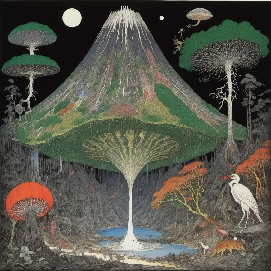 Prompt: Harry Clarke, Pancrace Bessa, Ferdinand Bauer, Mark Catesby, Katsuhiro Otomo, Surrealism, Mysterious, bizarre, fantastical, fantasy, Sci-fi fantasy - Instrumental measurements of topography, weather, geomagnetism, etc. Aspects of nature - Pictorial description of tropical nature - Night life of animals in primeval forests - Structure and operation of volcanoes - Fluid engineering, thermal engineering, Miniskirt Beautiful high school girl researcher, perfect voluminous body, detailed masterpiece hand coloured drawings