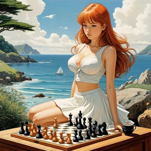 Prompt: Hans Eggimann full colours, Jared Muralt, Elsa Beskow, Emmanuelle Houdart, Katsuhiro Otomo, Surrealism, wonder, strange, bizarre, fantasy, Sci-fi, Japanese anime, seaside chess game, walking conch shell, beautiful high school girl in a miniskirt, perfect voluminous body, another cup of tea, detailed masterpiece 