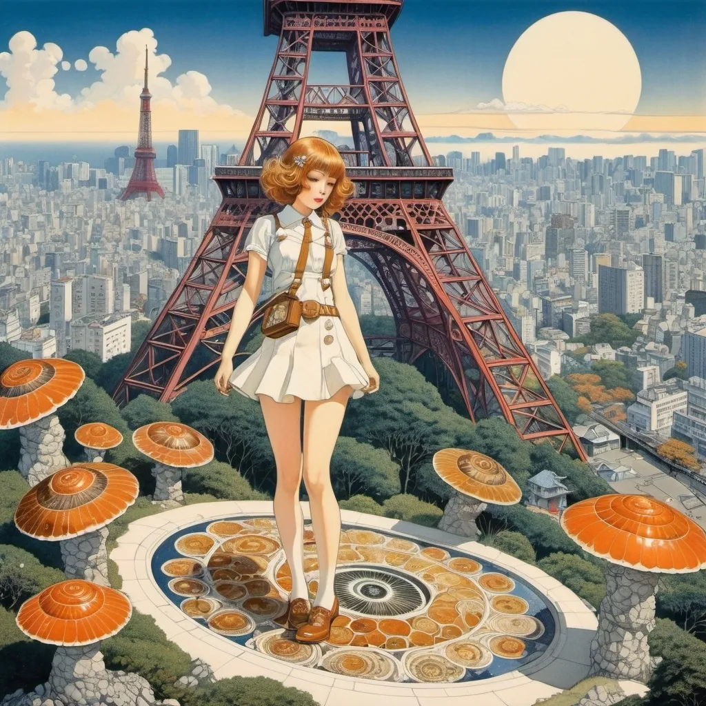 Prompt: Virginia Frances Sterrett, Léopold Survage, Rudolf Koivu, Katsuya Terada, Tove Jansson, Surrealism Mysterious Bizarre Fantastic Fantasy Science Fiction, Japanese Anime, Future Archeology, Miniskirt High School Girl Excavating Ammonite Fossils at Tokyo Tower, perfect voluminous body, detailed masterpiece low high angles perspectives 