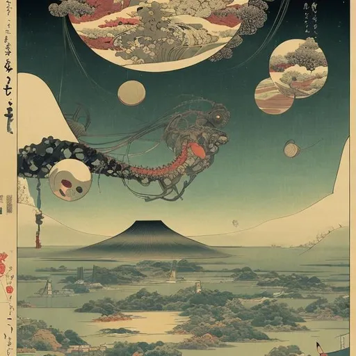 Prompt: Ukiyo-e style　strange wonder surreal sci-fi fantasy The world buried in the atelier