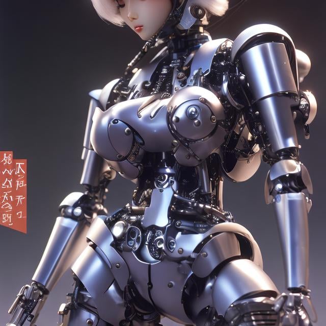 Prompt: Katsuhiro Otomo, Masamune Shirow, Frank Pape, Jean Giraud, Japanese anime,Mechanical girl, sweet beautiful face, shirt haired, perfect body style, part mechanical skin, part human, mechanical joints. Tubes attached, thin skintight, voluminous body, front angled, emphasize curves and shapes of body, hyper detailed, fine lines, high resolution definition quality masterpiece, depth of field, focus. Cinematic lighting, mechanics and machines background, close cowboy shot looking up