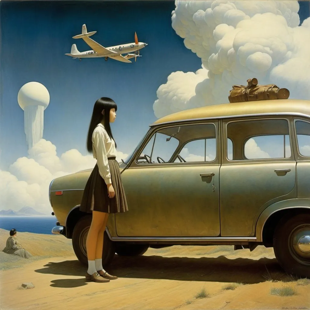 Prompt: Louis Davis, Yuu Watase, Zdzisław Beksiński, John Bauer, Ken Flagg, Surrealism, wonder, strange, bizarre, fantasy, Sci-fi, Japanese anime, museum of dark history, photography, airplanes, phonographs, cars, advertisements, weapons, miniskirt beautiful high school girl as guide, perfect voluminous body, detailed masterpiece 