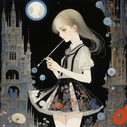 Prompt: Harry Clarke, Léon Arthur Tutundjian, Surreal natural history, mysterious, bizarre, fantastical, fantasy, Sci-fi, Japanese anime, beautiful high school girl in a miniskirt under a microscope, perfect voluminous body, detailed masterpiece 