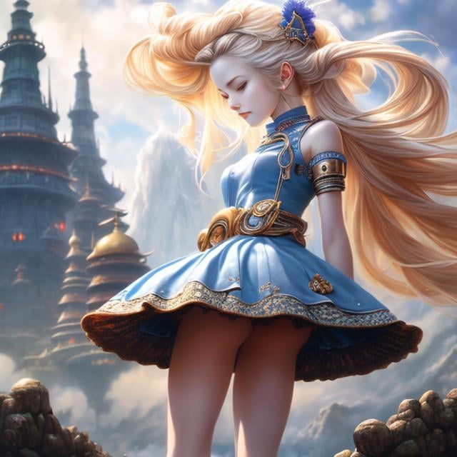 Prompt: Greg Simkins, Anne Anderson, Surreal, mysterious, strange, fantastical, fantasy, Sci-fi, Japanese anime, metaphor, blonde miniskirt beautiful girl Alice, perfect voluminous body, multiple systems in the world, detailed masterpiece 