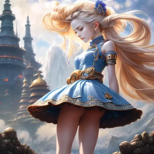 Prompt: Greg Simkins, Anne Anderson, Surreal, mysterious, strange, fantastical, fantasy, Sci-fi, Japanese anime, metaphor, blonde miniskirt beautiful girl Alice, perfect voluminous body, multiple systems in the world, detailed masterpiece 