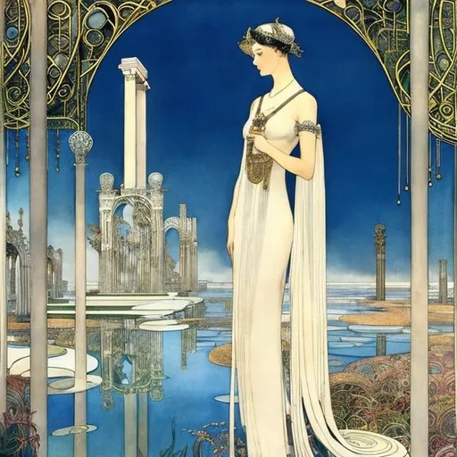 Prompt: Kay Nielsen, Walter Crane, Surreal, mysterious, strange, fantastical, fantasy, Sci-fi, Japanese anime, path of light, optical lenses, mirrors, lasers, Roman ruins, lady In dress, perfect voluminous body, detailed masterpiece 