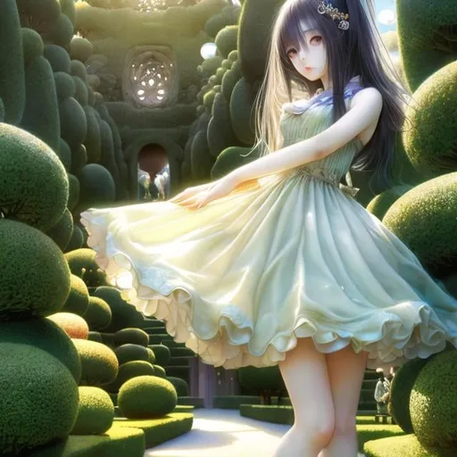 Prompt: Yoshitaka Amano, Elenore Abbott, Surreal, mysterious, strange, fantastic, fantasy, Sci-fi, Japanese anime, melancholy of Saturn, melancholy of geometry, birth of perspective, topiary garden labyrinth or hedge maze, miniskirt dress beautiful girl, perfect voluminous body, detailed masterpiece 