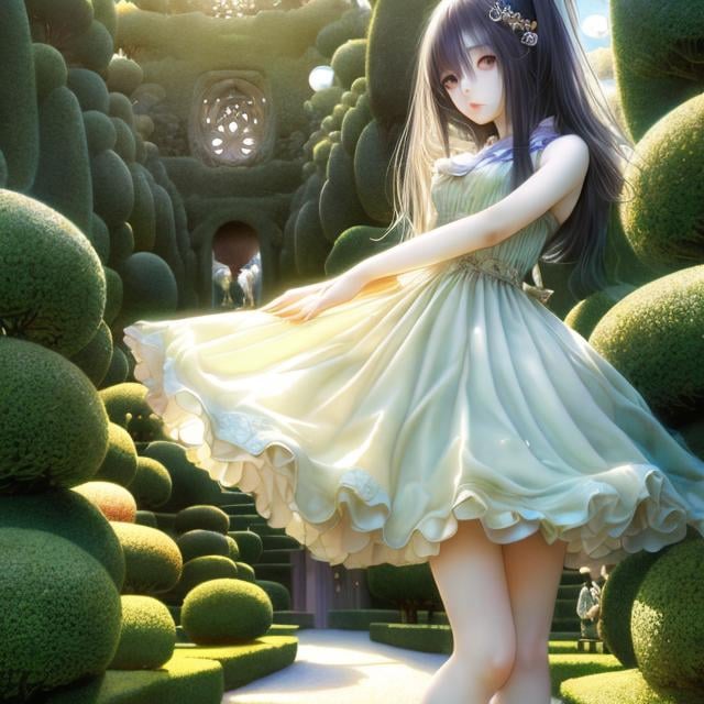 Prompt: Yoshitaka Amano, Elenore Abbott, Surreal, mysterious, strange, fantastic, fantasy, Sci-fi, Japanese anime, melancholy of Saturn, melancholy of geometry, birth of perspective, topiary garden labyrinth or hedge maze, miniskirt dress beautiful girl, perfect voluminous body, detailed masterpiece 