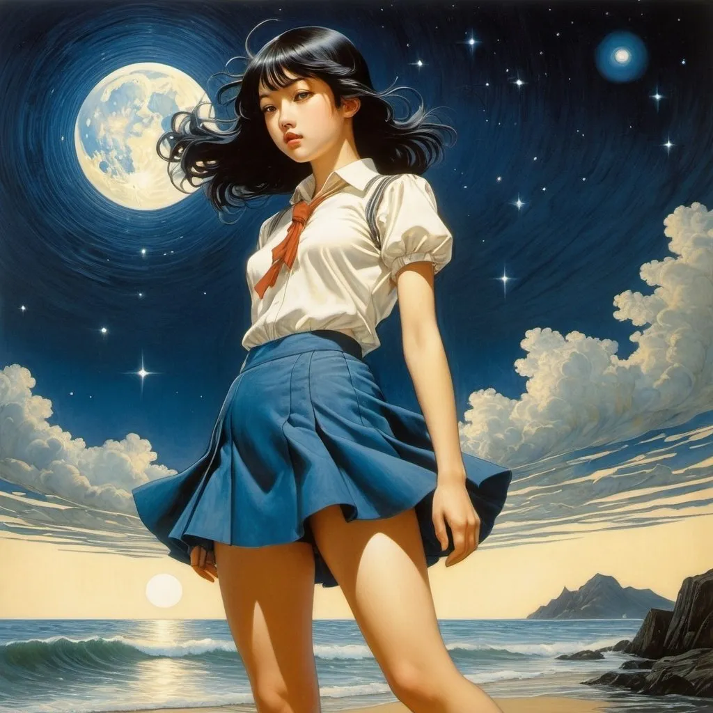 Prompt: Kenji Tsuruta, Ron Turner, George Underwood, Carlos Schwabe, Sijtje Aafjes, Surrealism, wonder, strange, bizarre, fantasy, Sci-fi, Japanese anime, The other side of the starry night, the blue rising tide, the sinking atelier, the beautiful high school girl in a miniskirt, perfect voluminous body, detailed masterpiece 