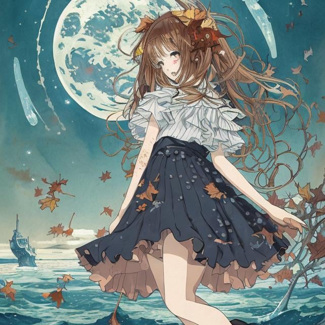 Prompt: Charles Doyle, Francis’s picabia, Kate Greenaway style, Japanese anime Time Machine, fall leaves, miniskirt Japanese high school girl, ocean, galaxy, huge moon, strange sci-fi fantasy hyperdetailed high resolution high definition high quality masterpiece