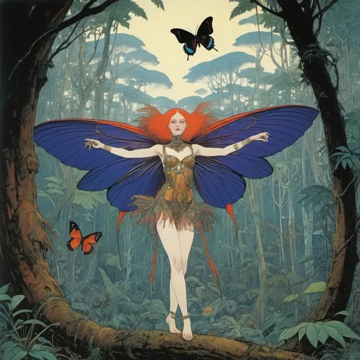 Prompt: Harry Clarke, Iwona Chmielewska, Květa Pacovská, Dagmar Berková, Surrealism, wonder, bizarre, fantastic, fantasy, sci-fi, Japanese anime, astonishing size of the Moluccan beetle, bird of paradise dancing in tree canopy, orangutan hunting in forests of Borneo, valley where Celebes butterflies fly, natural history voyage, surprised and delighted miniskirt beautiful explorer, dynamic action poses, perfect voluminous body, detailed masterpiece 