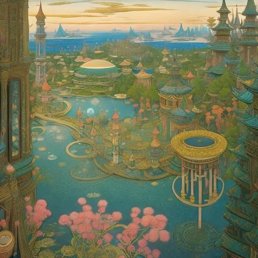 Prompt: Ivan Bilibin, Richard Dadd, surreal, mysterious, strange, fantastical, fantasy, Sci-fi, Japanese anime, or the sea of ​​bubble tea, dreams and madness, journey through the fantasy world, palace architecture, Isis, detailed masterpiece 