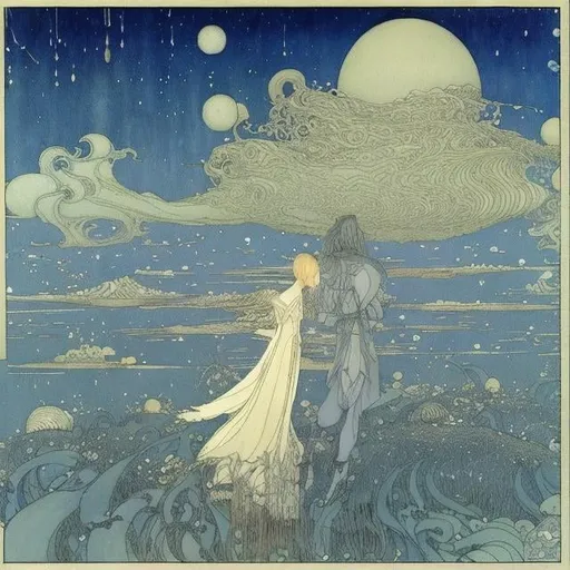 Prompt: John Bauer Kay Nielsen Frank Pape Richard Doyle Japanese Anime　Sci-Fi Fantasy　Solo girl Wind and Sea on Earth　Sailor Girl　Ocean currents are the carriers of heat that create weather　Extreme weather and disasters　cumulonimbus clouds　land、Mare、sky、Observing the atmosphere from space　weather map　weather symbol hyperdetailed high resolution high definition high quality masterpiece