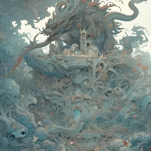 Prompt: James Jean Anime Mysterious Bizarre Fantastic  Sci-fi Fantasy Tea with the Dragon Western-style castle hall Girl Alice detailed high quality resolution definition masterpiece manga lines