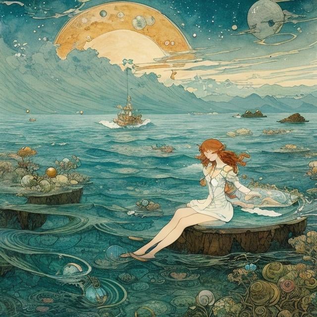 Prompt: Anton Pieck, Walter Crane, Japanese Anime Surreal Mysterious Weird Fantastic Sci-fi Fantasy Girl Swimming in the Sea of ​​Space, hyperdetailed high resolution high definition high quality masterpiece 