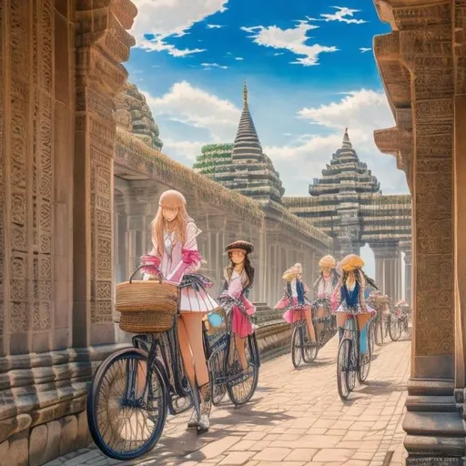 Prompt: Walter Crane, Barbara Cooney, François-Louis Schmied, Japanese anime mysterious strange bizarre surreal sci-fi fantasy miniskirt high school girl bicycle trip Angkor Wat, hyper detailed high resolution high definition high quality masterpiece, face detailed hands detailed