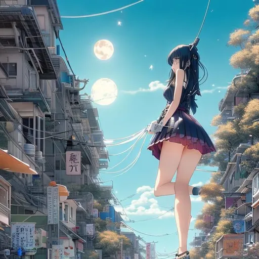 Prompt: Heath Robinson, Christian Riese Lassen, Japanese Anime　Whimsical sci-fi fantasy night walk in the air　On electrical wires　a moon　Miniskirt schoolgirl　shooting stars　Tokyo tower hyperdetailed high definition high quality high resolution masterpiece perfect body manga lines Colour 