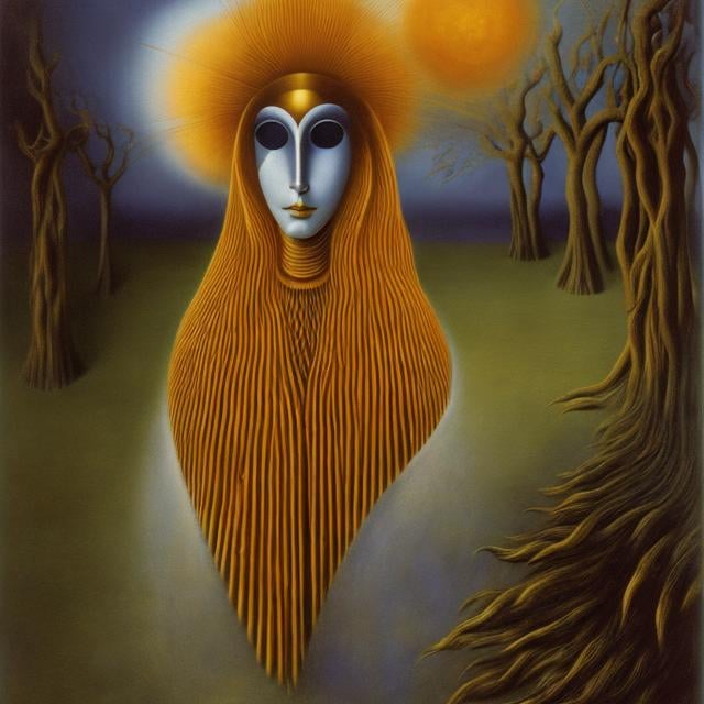 Prompt: Remedios Varo, Molly Brett, Surreal Japanese Anime Mysterious Weird Fantastic Fantasy Sci-Fi Fantastic, You are the ruler of the flesh and blood mask, the universe, the beating of your wings, you who bear the name of a human being Burning heat and strife Turning backwards across the ocean, we walk southward Go ahead