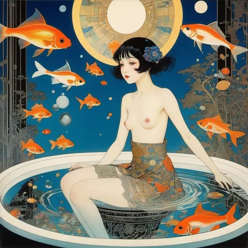 Prompt: Harry Clarke, Frank Brangwyn, Yumiko Kawahara, Nils Dardel, Kristoffer Zetterstrand, Surrealism Mysterious Weird Fantastic Fantasy Sci-Fi, Japanese Anime, Saturn Floating in the Bathtub, Goldfish and Mini Skirt Beautiful High School Girl, perfect voluminous body, detailed masterpiece 