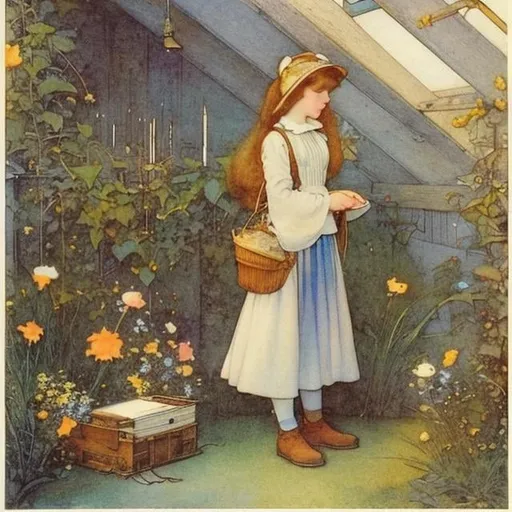 Prompt: Kate Greenaway, Jessie Willcox Smith, E. H. Shepard, animesque　wondrous　strange　Whimsical　Sci-Fi Fantasy　Microcosm in the attic　Microcosmos　Miniskirt schoolgirl　picnic　Closed space　amorous