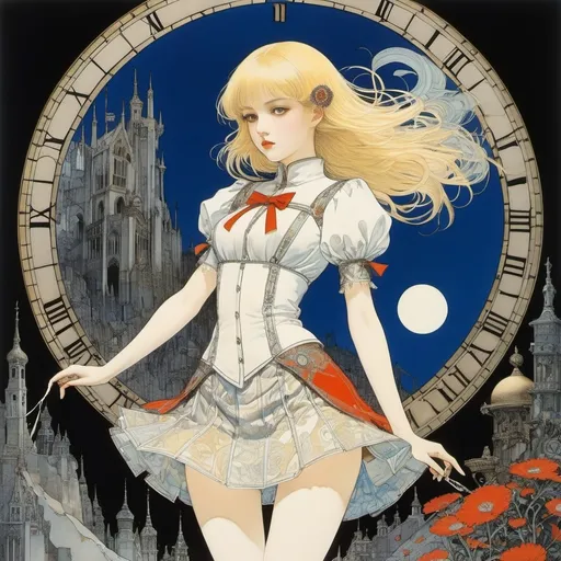 Prompt: Harry Clarke, Naoyuki Kato, Tatsuyuki Tanaka, Federico Castellón, Franklin Booth, Surrealism, Mysterious, Weird, Outlandish, Fantasy, Sci-Fi, Japanese Anime, Alice, the beautiful blonde miniskirt girl who winds the screw of time, because the world has stopped, perfect voluminous body, detailed masterpiece 