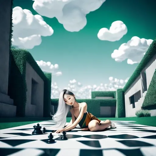 Prompt: Miho Obana, M C Escher, Surreal, mysterious, strange, fantastical, fantasy, Sci-fi, Japanese anime, geometric perspective architecture, horizon curve-divided angel perspective, line-divided ground perspective, shading expression, pretty young lady on the chess board, perfect voluminous low cut short dress body, detailed masterpiece 