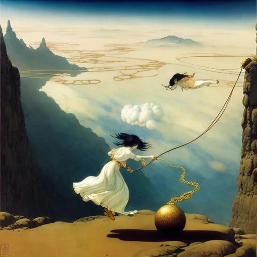 Prompt: John Bauer, Naoyuki Kato, Mysterious, strange, surreal, bizarre, fantasy, Sci-fi, Japanese anime, girls playing with jump rope, perfect voluminous body, space station, detailed masterpiece perspectives angles