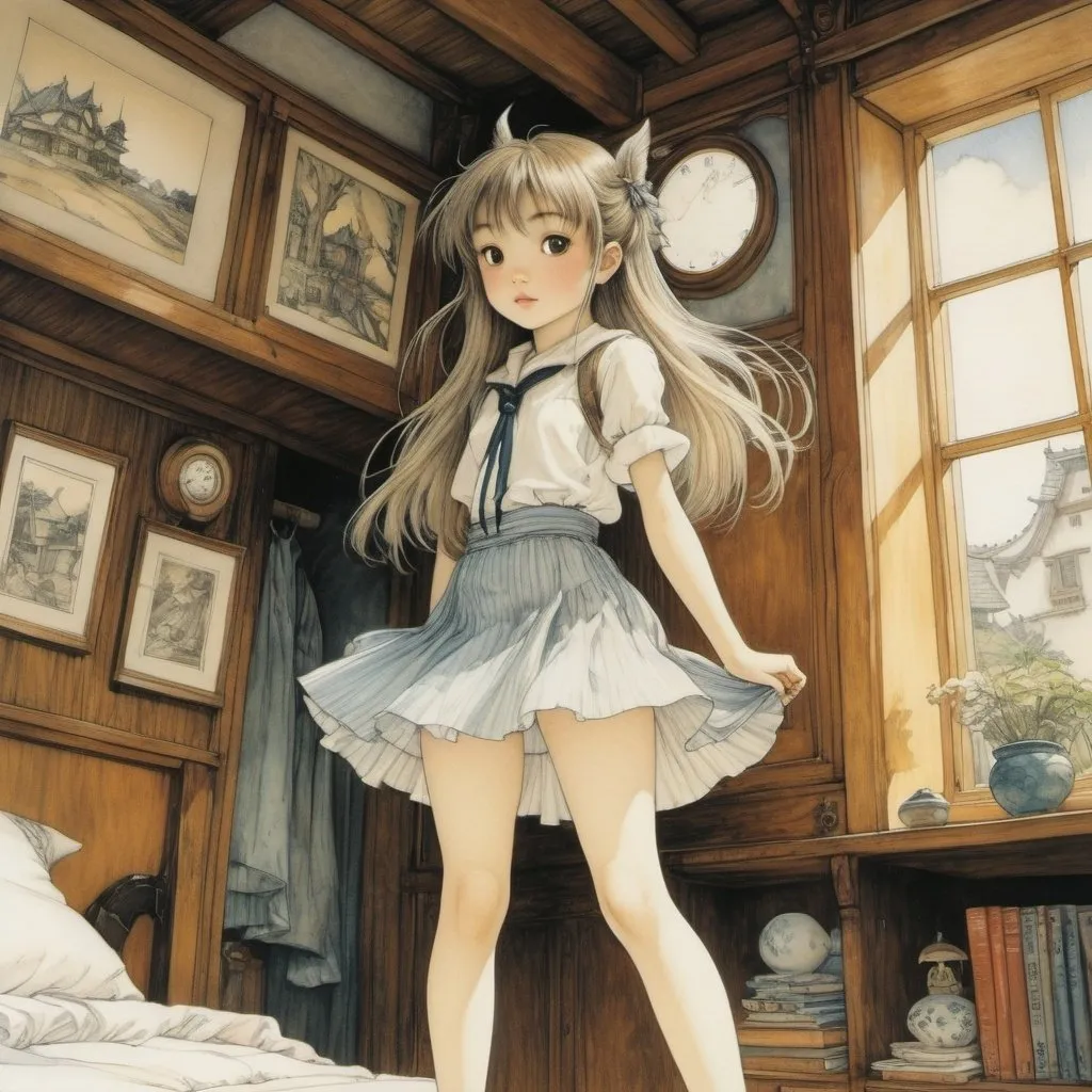 Prompt: Maurice Sendak, Arthur Rackham, Kaori Ozaki, Ludovic Debeurme, Surrealism Mysterious Weird Fantastic Fantasy Sci-Fi, Japanese Anime, Mini Skirt Beautiful Girl, perfect voluminous body, dynamic action poses, Zashikiwara's House, Lost Room, detailed masterpiece 