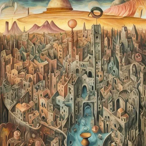 Prompt:  Mabel Lucie Attwell, Leonora Carrington, Margaret Tarrant, world slowly sinking in a coffee cup, diamond mine, process in a tower, dawn, detailed, high quality, high resolution, high definition, masterpiece 