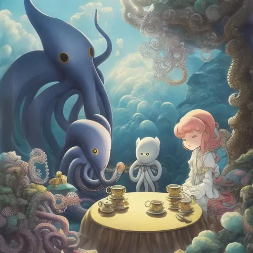 Prompt: Maurice Sendak, A E Marty, Japanese Anime m, Surreal Mysterious Weird Fantastic Fantasy Sci-Fi, Octopus King,  A Girl, Having Tea Together,  Minister Shrimp,  Seahorse Soldier, hyper detailed, high resolution high definition high quality masterpiece 