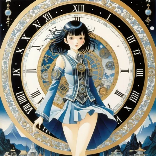 Prompt: Kay Nielsen, Tadanori Yoko, Marcello Dudovich, Yoshihiro Togashi, Manuel Orazi, Surrealism Mysterious Weird Fantastic Fantasy Sci-fi, Japanese Anime, Discovery of biological clock parts, Sundial inside the body, Beautiful high school girl in miniskirt, perfect voluminous body, detailed masterpiece 