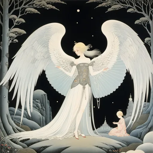 Prompt: Kay Nielsen, Heinrich Lefler, Surreal, mysterious, strange, fantastical, fantasy, Sci-fi, Japanese anime, playing with dolls, groping for the scenery, meeting of pictures and words, miniskirt beautiful angel, perfect voluminous body, detailed masterpiece 