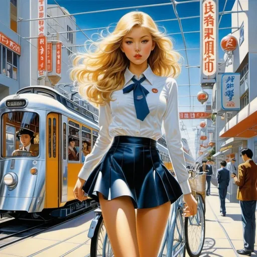 Prompt: Will H. Bradley, Zdeněk Miler, David Füleki, Bill Martin, Hajime Sorayama, Surrealism, strange, bizarre, fantastical, fantasy, Sci-fi, Japanese anime, amusement park-like city, street lights and trams, mechanical devices, bicycles, theater, miniskirt beautiful high school girl, perfect voluminous body, detailed masterpiece 