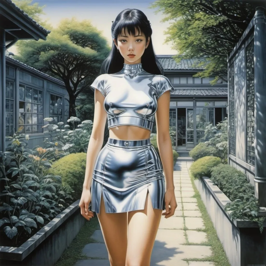 Prompt: Hajime Sorayama, Mitsukazu Mihara, Beresford Egan, Élisabeth Sonrel, Paul Delvaux, Surrealism, strange, bizarre, fantastical, fantasy, Sci-fi, Japanese anime, the relationship between the form of possession of the garden space and human memories, a beautiful high school girl in a miniskirt walking on an exploration map, perfect voluminous body, detailed masterpiece 