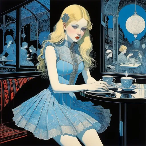 Prompt: Harry Clarke, James Jean, Virgil Finlay, Edward Emshwiller, Wenceslaus Hollar, Surrealism, wonder, strange, bizarre, fantasy, Sci-fi, Japanese anime, shadow in the pale blue darkness, translucent nocturnal world, beautiful blonde miniskirt girl Alice in a street corner cafe, perfect voluminous body, detailed masterpiece 