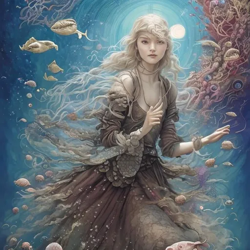 Prompt: Margaret Tarrant, TRAN NGUYEN, Sulamith Wülfing, Florence Harrison, Japanese anime, girl swimming in ocean of time, stars at the bottom of sea, celestial model, going back to tomorrow, surreal wonder strange bizarre sci-fi fantasy, hyperdetailed high RE high definition high quality masterpiece