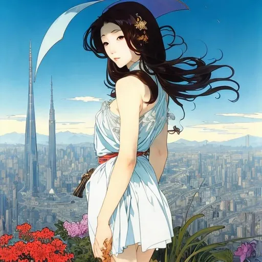 Prompt: Hiroshi Masumura, Alphonse mucha, Surreal, mysterious, bizarre, fantastic, fantasy, sci-fi, Japanese anime, rainy Sunday, the world is dyed in pale blue, a beautiful girl in a miniskirt walks with a red umbrella, perfect body, a sense of tranquility, skyscrapers in the distance, a blue whale swimming slowly in the sky in the foreground Bird's eye view wide angle, detailed masterpiece depth of field cinematic lighting 