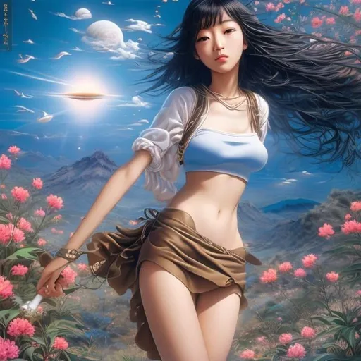 Prompt: Hiroshi Masumura, surreal, mysterious, strange, bizarre, fantasy, Sci-fi fantastic, Japanese anime, age of integration, consciousness, philosophy, religion, science, creativity, extraterrestrial civilization, past life, future life, parallel life, multidimensional self, time and space, perfect voluminous body miniskirt girl, detailed masterpiece 