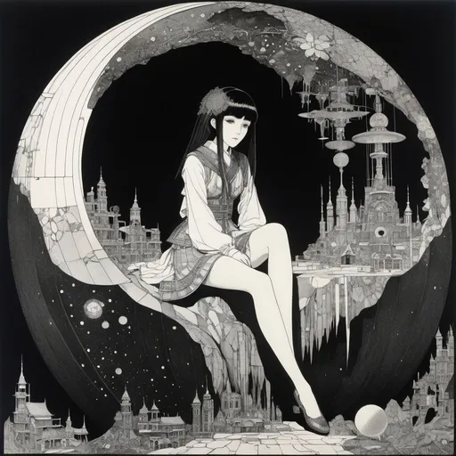 Prompt: Harry Clarke, Norman Saunders,  Surreal, mysterious, strange, fantastic, fantasy, Sci-fi, Japanese anime, hibernating miniskirt beautiful high school girl, perfect voluminous body, cave of civilization machines, detailed masterpiece 