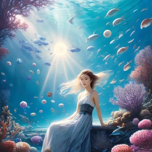 Prompt: Margaret Tarrant, TRAN NGUYEN, Sulamith Wülfing, Florence Harrison, Japanese anime, girl swimming in ocean of time, stars at the bottom of sea, celestial model, going back to tomorrow, surreal wonder strange bizarre sci-fi fantasy, hyperdetailed high RE high definition high quality masterpiece 