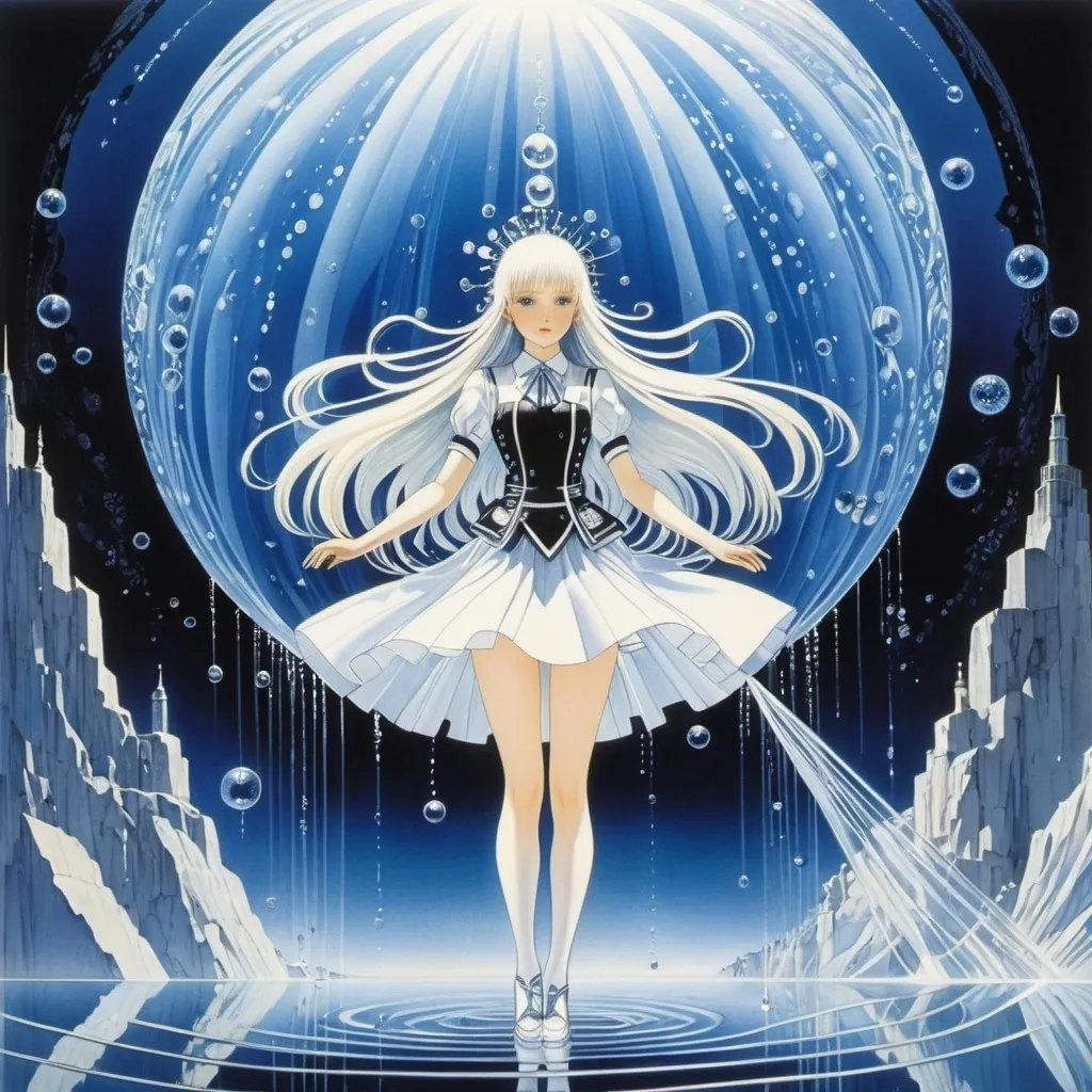 Prompt: Kay Nielsen, Binette Schroeder, Alfredo Andersen, Baron Yoshimoto, Giacomo Balla, Surrealism Mysterious Bizarre Fantastic Fantasy Sci-fi, Japanese Anime,  Water Crystals How does water circulate inside the Earth Miniskirt Beautiful High School Girl, perfect voluminous body, detailed masterpiece 