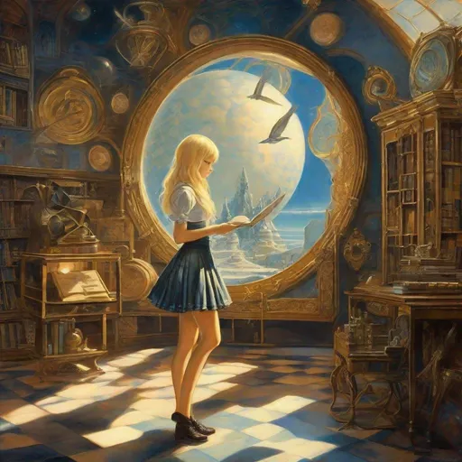 Prompt: Kelly Freas, Yumiko Igarashi, Surreal, mysterious, strange, fantastical, fantasy, Sci-fi, Japanese anime, old books, telescope, chessboard, mirror, blonde miniskirt beautiful girl Alice, perfect Voluminous body, detailed masterpiece sharp focus bird’s eye view perspectives cinematic lighting 