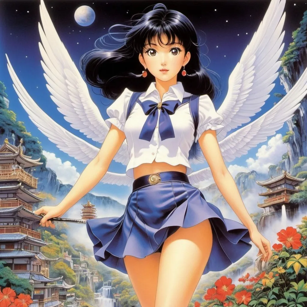 Prompt: Naoko Takeuchi, Beni Montresor, Surreal, mysterious, strange, fantastical, fantasy, Sci-fi, Japanese anime, dizzying game, hunter miniskirt beautiful girl with the image of a delusional paradise by a fantasist, perfect voluminous body, detailed masterpiece 