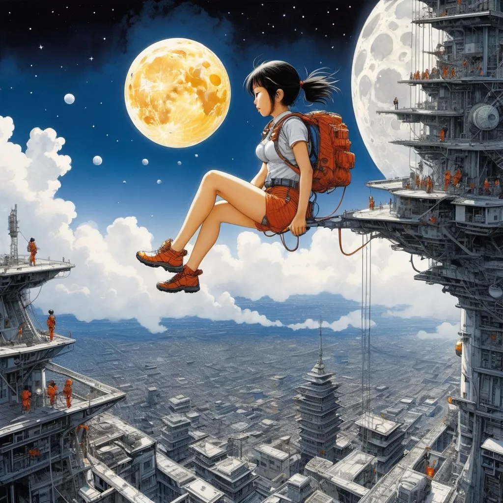 Prompt: Katsuhiro Otomo, Endre Nemes, Mysterious Weird Fantastic Fantasy Sci-Fi Fantasy Anime Surrealism Machine Beautiful Girl Climbing the Moon, perfect voluminous body, detailed masterpiece perspectives angles bird’s eye view looking up looking down sharp focus 