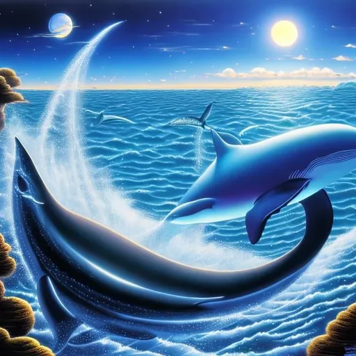 Prompt: Thomas Canty, Larry Elmore, Japanese anime surreal mysterious bizarre sci-fi fantasy moon rainbow girl whale