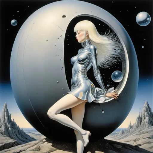 Prompt: Kay Nielsen, Hans Bellmer, Nikos Hadjikyriakos-Ghikas, Hajime Sorayama, Surrealism Mysterious Weird Fantastic Fantasy Sci-Fi, Japanese Anime, Miniskirt Beautiful Girl in an Egg Born from the Moon, perfect voluminous body, Glass Universe, Meteor Shower, detailed masterpiece 